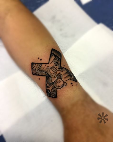 One Piece Arm Tattoo Men, One Piece Sunny Tattoo, One Piece Tattoos For Men, One Piece X Tattoo, Going Merry Tattoo, One Piece Sleeve Tattoo, Small One Piece Tattoo, One Piece Tattoo Minimalist, One Piece Tattoo Ideas