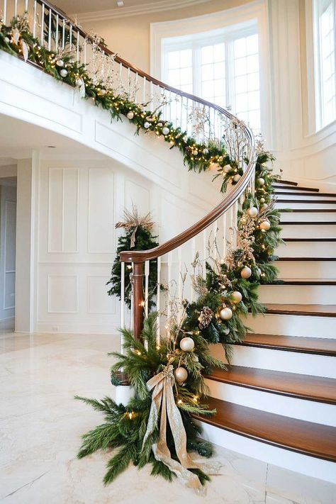 Add festive flair to your home with 25+ Christmas staircase decor ideas. Discover simple and easy ways to decorate your staircase with lights, colorful ornaments, and traditional garlands. Our ideas include everything from Christmas porch steps decor to elegant railings and garlands that are perfect for any style. Explore ideas for glass staircase Christmas decor and traditional European decorations. Follow us for more holiday decorating inspiration! Garland On Banister, Banister Garland, Christmas Garland Staircase, Christmas Garland On Stairs, Christmas Banister, Christmas Stairs Decorations, Staircase Decor Ideas, Christmas Staircase Decor, Christmas Stairs