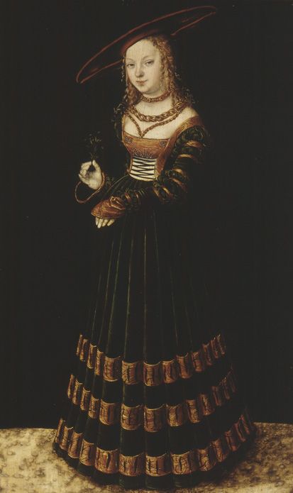 1526, German, Saxony. Portrait of a Girl with Forget-me-Nots (The Princess) by Lucas Cranach the Elder Cranach The Elder, Lucas Cranach, German Fashion, Art Carte, Forget Me Nots, Historical Costume, Chiaroscuro, The Princess, Historical Fashion