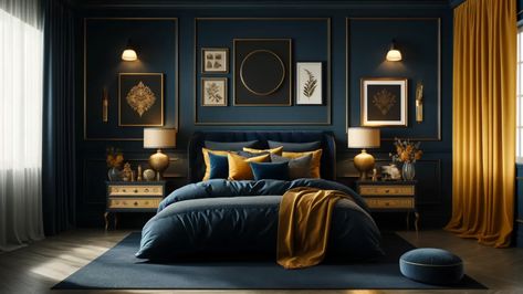 Navy-and-Mustard-Accents Blue And Copper Bedroom Ideas, Navy Monochromatic Bedroom, Navy And Gold Bedroom Ideas Inspiration, Blue Bedroom Gold Accents, Gold And Blue Bedroom Ideas, Navy And Gold Bedroom Ideas, Navy Bedroom Ideas Gold Accents, Blue And Mustard Bedroom, Blue Monochromatic Room