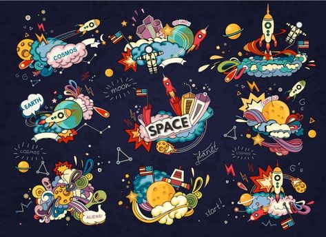 Cartoon illustration of space. moon, pla... | Premium Vector #Freepik #vector #technology #hand #cartoon #comic Rocketship Painting, Space Astronauts, Space Cartoon, Space Doodles, Feature Wallpaper, Creative Sketches, Wall Graphics, Animated Cartoons, 로고 디자인