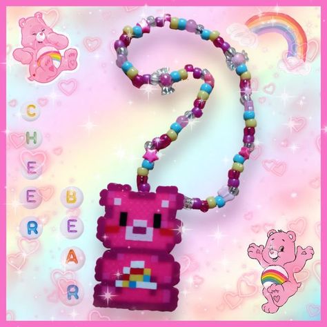 Kandi And Perler, Carebear Perler, Rave Perler Beads, Rave Perler Pattern, Kandi Necklaces, Perler Bead Necklace, Kandi Perler, Perler Necklace, Kandi Necklace