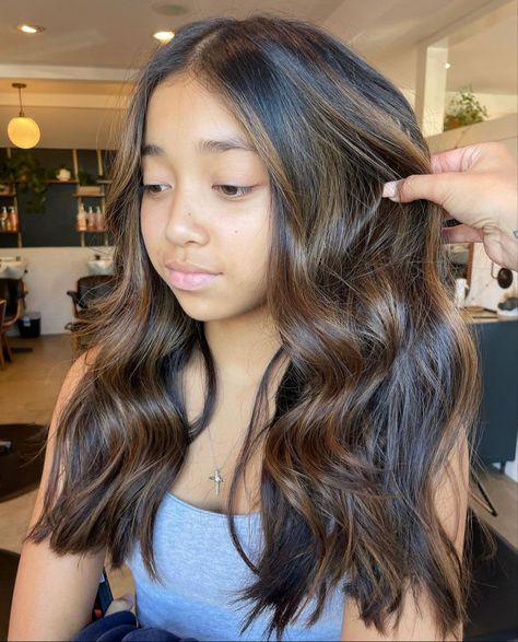 Partial Brown Highlights On Black Hair, Brown Highlights On Black Hair Indian, Balayage Hair Indian, Partial Balayage On Black Hair, Caramel Partial Highlights, Brown Balayage Hair On Black Hair, Brunette Foils, Hair Highlights For Black Hair, Brown Bayalage Hair