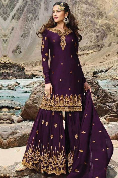 Purple Sharara, Shalwar Suit, Georgette Sharara, Pakistani Shalwar, Dark Purple Color, Sharara Suits, Anarkali Salwar, Georgette Dupatta, Afghan Fashion