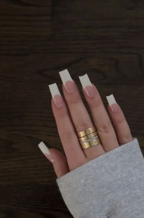 Long Classic French Nails, Chunky White French Tip Nails, Clear Nails With French Tips, White French Tip Nails 2000s, French Tip Acrylic Nails 2000s, Square Thick French Nails, Milky White Black French Nails, 90s Square Nails, Simple Cute Acrylic Nails Square