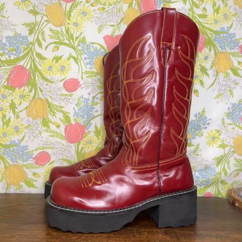 Platform Cowboy Boots, Red Platform Boots, Hippie Shoes, 90s Boots, Knee High Cowboy Boots, Pink Cowboy Boots, Red Cowboy Boots, Red Platform, Chefs Kiss