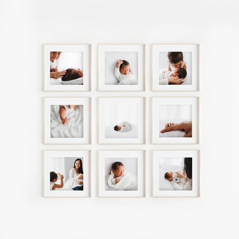 Simple  natural baby photography. white, studio, lifestyle, baby, minimalist, baby photos, simplistic, honest, organic, raw, neutral, genuine, family, newborn, framing, frame ideas, framing inspiration, simple frames, minimalist frames, white frames, 9 frames, square frames, wall art, photo wall, gallery wall Maternity Photo Display Wall Art, Framed Newborn Photos On Wall, Newborn Gallery Wall, Newborn Photo Wall Display, Newborn Frame Ideas, Newborn Photo Display Ideas, Photography Framing Ideas, Nursery Photo Wall, Nursery Picture Wall