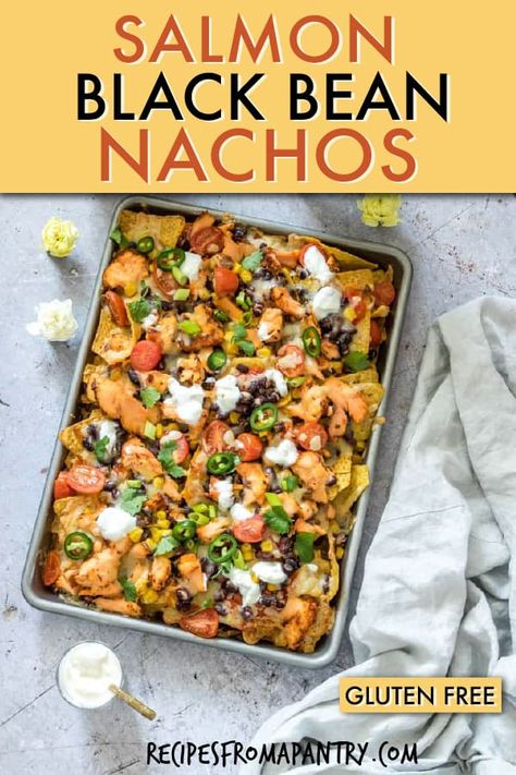 Salmon Black Bean Nachos are fun, festive and super flavourful! This one-pan recipe for salmon nachos is simple, fuss-free and ready to serve in just minutes. There’s no better way to celebrate Mother’s Day than with a meal your kids can easily make themselves! Click through to get this awesome recipe!! #nachos #salmonnachos #fishnachos #mexicanfood #wwrecipes #seafoodrecipes #blackbeannachos #fish #fishrecipes #mexicanrecipes Salmon Nachos, Bean Nachos Recipe, Black Bean Nachos, Recipe For Salmon, Bean Nachos, Nachos Recipe Easy, Loaded Nachos, Chicken Nachos, Pescatarian Recipes