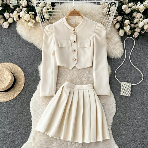 2 078,19 руб. 48%OFF | Woman Korean Sweet 2 Pieces Set Single-Breasted Puff Long Sleeve Jacket Top +Vintage Pleated Mini Skirt Korean Simple Skirt Suit https://a.aliexpress.com/_uuXxTN White Cotton K-pop Style Tops, Kawaii Cotton Sets For Spring, Two Piece Skirt Set Asian, Coquette Two Piece Set, Tweed Set Outfit Korean, Puff Sleeve Jacket, Pleated Mini Skirts, Korean Skirt, Skirt Korean