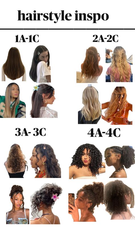 Hairstyle inspo for all hair types, 1a 1b 1c 2a 2b 2c 3a 3b 3c 4a 4b 4c💗 Best Hairstyle For Curly Hair, Type 1c Hair, 3b Hair Type, 4c Curly Hair, Type 2a Hair, 3c Hair Type, Hair Type Chart, Hairstyle For Curly Hair, Curly Hair Advice