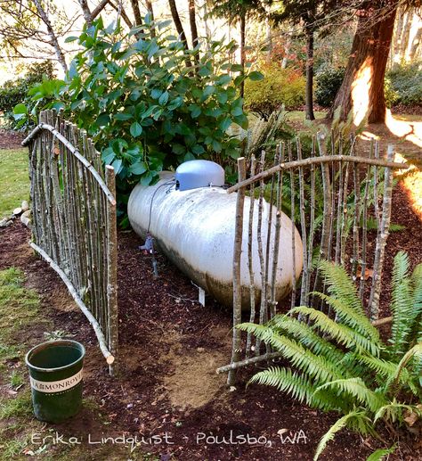 Funny Fence Ideas, Natural Fencing Ideas, Woodland Outdoor Decor, Ways To Hide A Propane Tank, How To Hide Propane Tank In Yard, Hide Propane Tank Ideas, Propane Tank Hide Cover Up, Propane Tank Hide, Propane Tank Landscaping Ideas