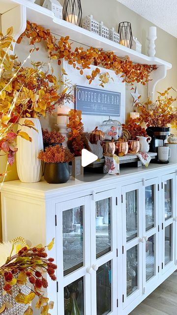 Lori 🍽️🥂 on Instagram: "Although I’m okay with how it turned out, this is not exactly how I wanted my sideboard to look for fall. I originally envisioned an apple cider bar but I couldn’t find the right sign to fit the space and because I fixated on that, it didn’t progress. I’m hoping I can make it happen next year! So here’s a look at my fall coffee and tea bar with a Thanksgiving theme. Hope you like it! 🍂☕️🍁🫖🍂 Thank you for visiting, Lori 🍂☕️🍂 #coffeebar #coffeebardecor #falldecor #thanksgivingdecor #teabar #coffeestation #sideboardstyling #diningdelightblog #styledtablesaturday #tonitinatabletops #cottagesandbungalows #countrysamplermagazine #entertainandcelebrate 🍁🫖🍁 Fall coffee bar styling | coffee and tea station | sideboard decor | Thanksgiving themed decor" Fall Apple Cider Bar, Apple Bar Sign, Apple Cider Bar Cart, Coffee Bar Halloween Decor, Halloween Coffee Bar Sign, Side Board Styling, Apple Cider Bar, Cider Bar, Tea Station