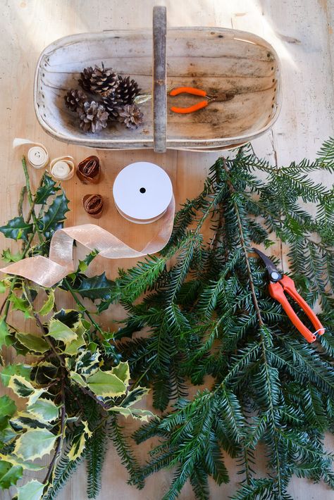 How to DIY An Evergreen Festive Swag For Your Front Door | Rachel Phipps Diy Window Swag Christmas, Christmas Swag Made From Old Christmas Tree, Diy Christmas Teardrop Swag, How To Make Fresh Pine Swags, Front Door Christmas Swag Pine Cones, Christmas Door Swag, Diy Swag, Winter Swag, Holiday Swag