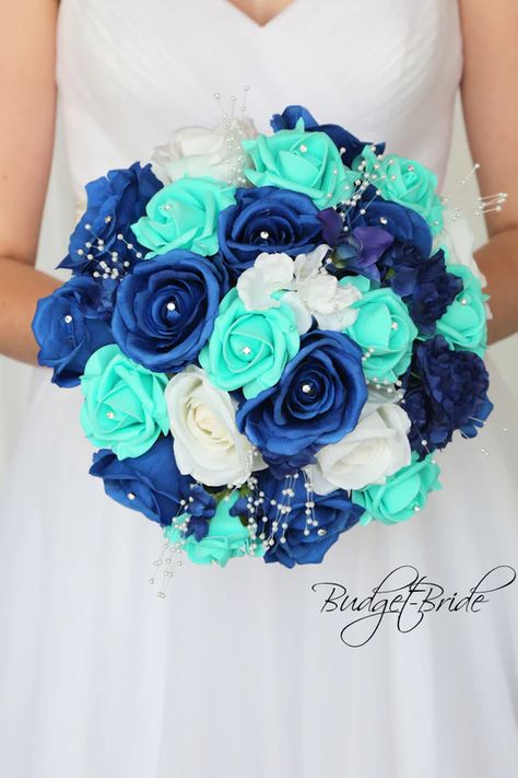 Click to open gallery Teal Wedding Theme, Turquoise Wedding Flowers, Wedding Flowers Cheap, Bridal Colors, Royal Blue Wedding Theme, Blush Bouquet Wedding, Aqua Wedding, Brides Bouquet, Royal Blue Wedding