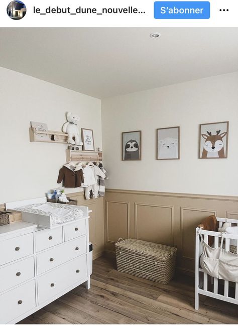 Nursery Room Panelling, Brown Accent Wall Nursery, Half Wall Paneling Ideas Nursery, Baby Room Panelling, Wall Paneling Nursery, Nursery Panelling Wall, Panelling Nursery, Panelled Nursery, Brown Nursery Ideas