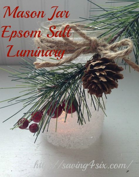 Mason Jar Epsom Salt Luminaries Epsom Salt Mason Jars, Epson Salt Mason Jar Christmas, Epsom Salt Jars, Epsom Salt Candles, Salt Crafts, Candle Jars Crafts, Snowy Mason Jars, Candle Diy Mason Jar, Mason Jar Christmas Crafts