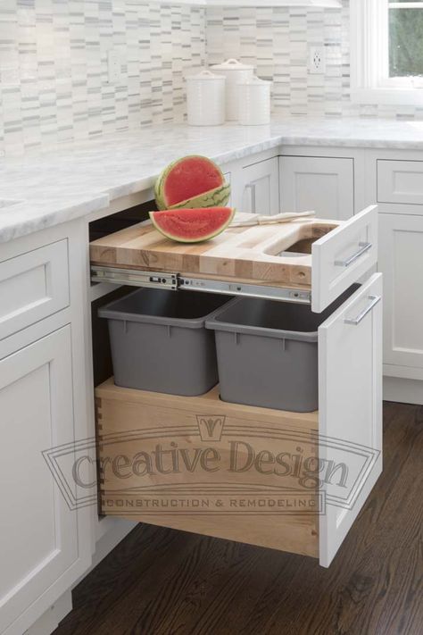 Hidden Trash Can Kitchen, Houzz Kitchen, Small Kitchen Remodeling, Spanish Style Kitchen, Trash Can Cabinet, Kitchen New York, Your Trash, Hidden Kitchen, Kitchen Organization Pantry