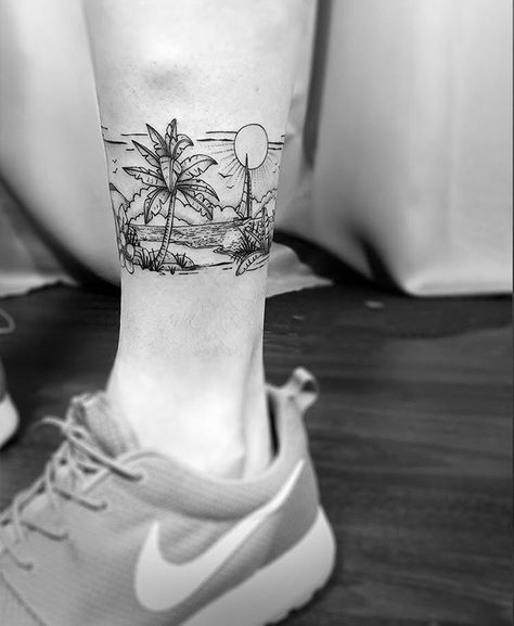 Beach Inspired Tattoos, Small Beach Tattoos, Beach Tattoos, Cuff Tattoo, Forearm Band Tattoos, Palm Tattoos, Tattoo Inspiration Men, Beach Tattoo, Incredible Tattoos