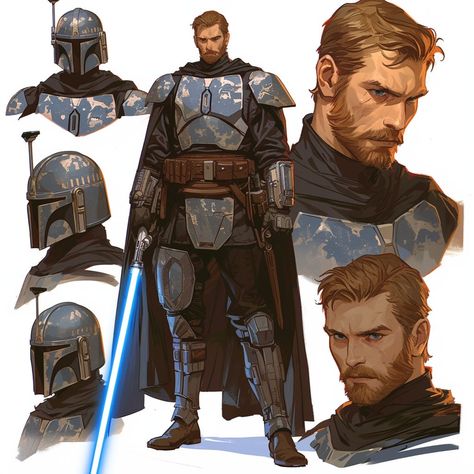 Mandalorians Concept Art, Starwars Bounty Hunter Oc, Jedi Armor Concept Art, Star Wars Gunslinger, Mandolorian Armour Oc, Mandalorian Armor Art, Jedi Character Design, Star Wars Oc Male, Star Wars References