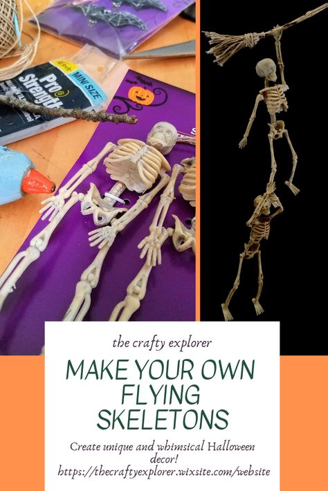 Halloween Diy Skeleton Decorations, Dollar Store Skeleton Ideas, Dollar Store Skeleton Crafts, Whimsical Halloween Decorations, Mini Skeleton Ideas, Mini Skeleton Decorations, Mini Skeleton Crafts, Small Skeleton Decorating Ideas, Dollar Tree Skeleton Crafts