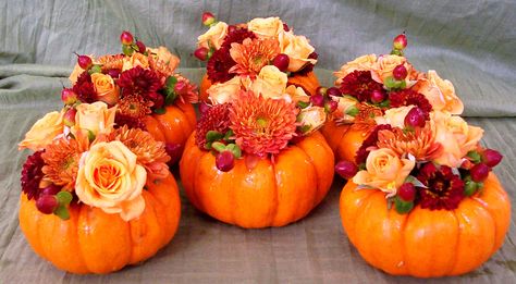 Mini pumpkins for cocktail tables Mini Pumpkin Centerpieces Wedding, Fall Centre Piece, Mini Pumpkin Centerpieces, Mini Pumpkin Decorating Ideas, Pumpkin Wedding Centerpieces, Altar Pieces, Fall Floral Centerpieces, Pumpkin Arrangements, Pumpkin Decorations