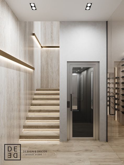 DE&DE/Villa on Cyprus: first floor on Behance Elevator Lobby Design, درج السلم, House Lift, Elevator Design, Stairs Design Modern, Lift Design, Lobby Interior, Home Stairs Design, Lobby Design