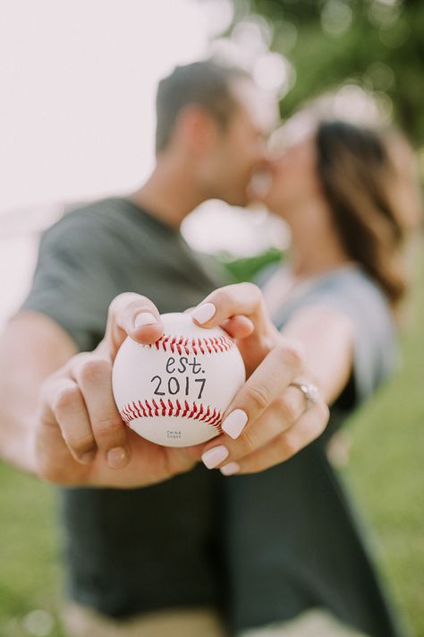 Baseball Themed Engagement Pictures, Baseball Theme Engagement Photos, Softball Engagement Pictures, Athletic Engagement Photos, Engagement Photos Baseball, Stadium Photoshoot, Softball Photoshoot, Baseball Engagement Photos, Baseball Engagement