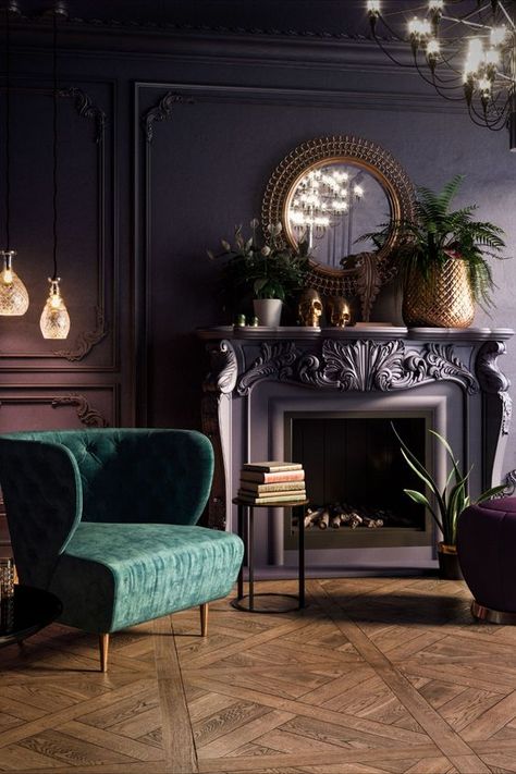 a beautiful vintage living room with a purple accent wall with molding, a fireplace, potted plants and blooms, a chandelier and a green chair Purple Accent Wall, Purple Accent Walls, Moody Living Room, Purple Living Room, Sophisticated Bedroom, Purple Rooms, Casa Vintage, Mirror On The Wall, Vintage Living Room