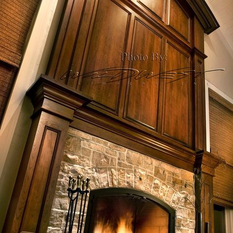 Stained Wood Fireplace Wall, Tall Wood Fireplace Wall, Stained Fireplace Surround, Mantel Surround Ideas, Dark Wood Fireplace Surround, Walnut Fireplace Surround, Fireplace Pictures Ideas, Wood Fireplace Surround, Moody House