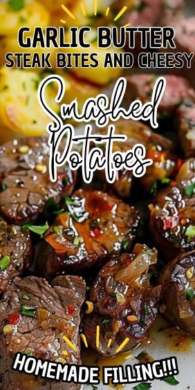 This recipe for Garlic Butter Steak Bites paired with Cheesy Smashed Potatoes is exactly what you need. It’s a dish that brings comfort and gourmet flavors right to your dinner table. The tender steak bites, cooked to perfection and smothered in rich garlic butter, combined Tender Steak Bites, Garlic Steak Bites, Garlic Butter Steak Bites, Butter Steak Bites, Steak Bites Recipe, Garlic Steak, Butter Steak, Tender Steak, Garlic Butter Steak