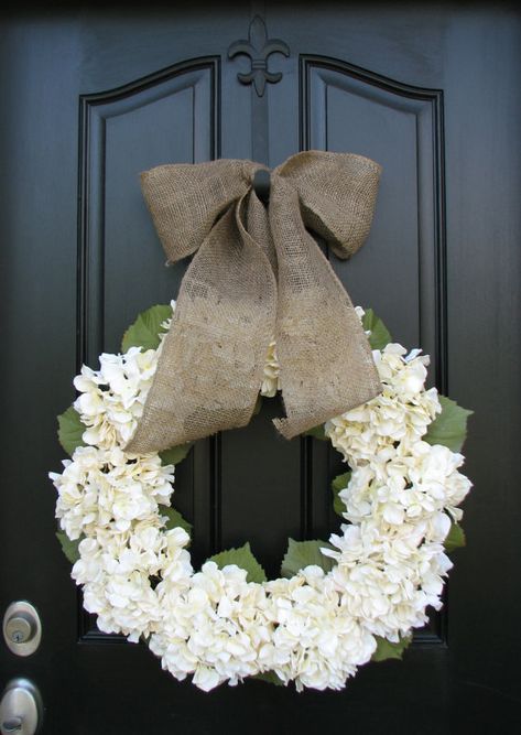 Easter Baskets Farmhouse Tulips Door Wreaths by twoinspireyou Wedding Hydrangeas, White Hydrangea Wreath, Cream Hydrangea, Wreath Hydrangea, Farmhouse Style Wreath, Burlap Decor, All Season Wreath, Faux Hydrangea, White Wreath