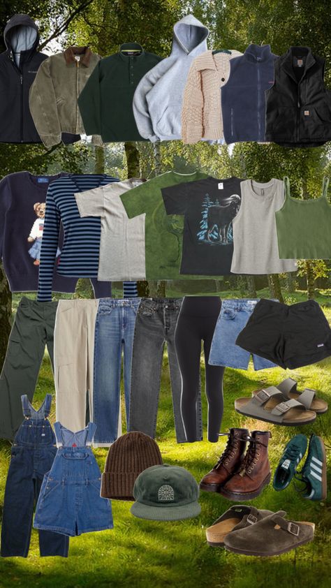 Capsule Wardrobe Outdoorsy, College Outfits Granola, Comfy Granola Girl Outfits, Granola Flannel Outfits, Everyday Granola Outfits, Granola Camping Outfits, Outdoor Capsule Wardrobe, Granola Core Aesthetic, Granola Girl Wardrobe