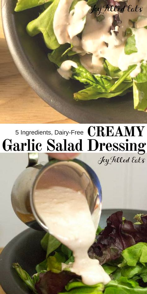 Creamy Garlic Salad Dressing Recipe - Low Carb, Keto, Gluten-Free, Grain-Free, Dairy-Free, THM S, Paleo - If you love garlic this Creamy Garlic Salad Dressing Recipe is for you. Just 5 ingredients and a few minutes to a delicious dairy-free salad dressing full of flavor. It is the perfect drizzle on top of mixed greens or fresh sliced tomatoes. #keto #lowcarb #paleo #glutenfree #dairyfree #thm #trimhealthymama #5ingredients #easy #saladdressing Creamy Garlic Salad Dressing, Dairy Free Dip Recipes, Garlic Salad Dressing Recipe, Dairy Free Salad Dressing, Creamy Garlic Dressing, Garlic Salad, Garlic Salad Dressing, Dairy Free Dressing, Keto Salad Dressing