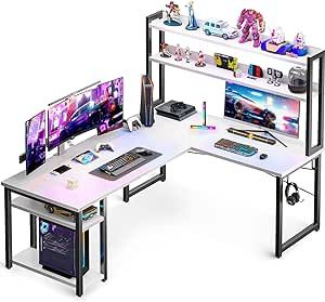 ODK L Shaped Gaming Desk with Hutch, Computer Desk with Storage Shelves, 59" L Shaped Desk for Home Office, Corner Desk with Headphone Hook, White White Corner Desk, Small Room Desk, L Shaped Gaming Desk, Computer Desk With Storage, Desk For Home Office, Computer Desk With Shelves, White Desk Office, Corner Desk Office, Desk With Hutch