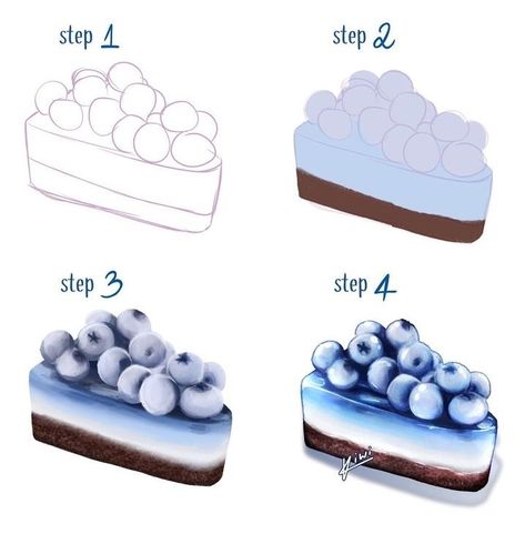 How To Draw Cake Digital, Digital Cake Drawing, How To Draw A Cake Step By Step, Cake Drawing Reference, How To Draw Food Step By Step, Food Drawing Reference, Dessert Drawing, Watercolor Food Illustration, Desserts Drawing