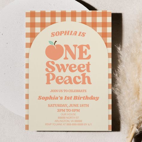 Pink 2nd Birthday, Four Ever Sweet, One Sweet Peach, Peach Birthday, Baby First Birthday Themes, Fruit Birthday, Peach Party, 1st Birthday Party Invitations, 1st Birthday Party Themes