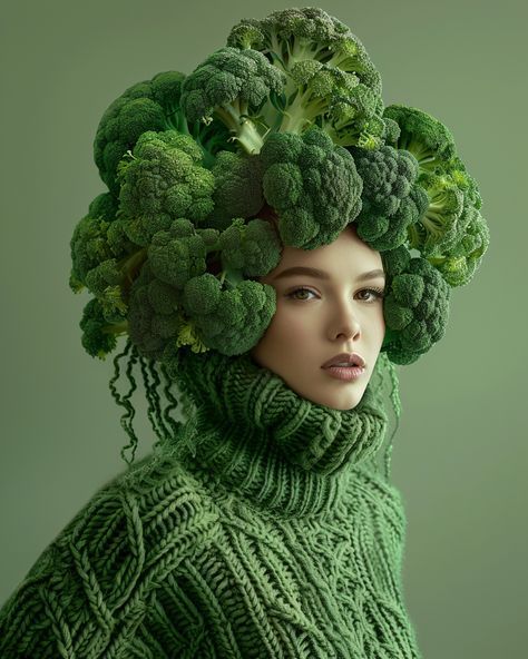 Surrealist Fashion Photography, Surrealistic Fashion, Green Hair Character, Broccoli Costume, Water For Glowing Skin, Rice Water For Skin, Surrealist Fashion, Rice Water For Face, Surrealist Photography