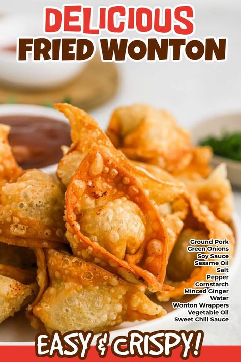 Deep Fried Wontons Pork, Pork Fried Wontons, Pork Shrimp Wonton, Fried Wontons Recipes, Asian Wonton Recipes, Homemade Pork Wontons, Pork Won Ton Recipes, Deep Fried Dumplings, Wong Tong Recipes Appetizers