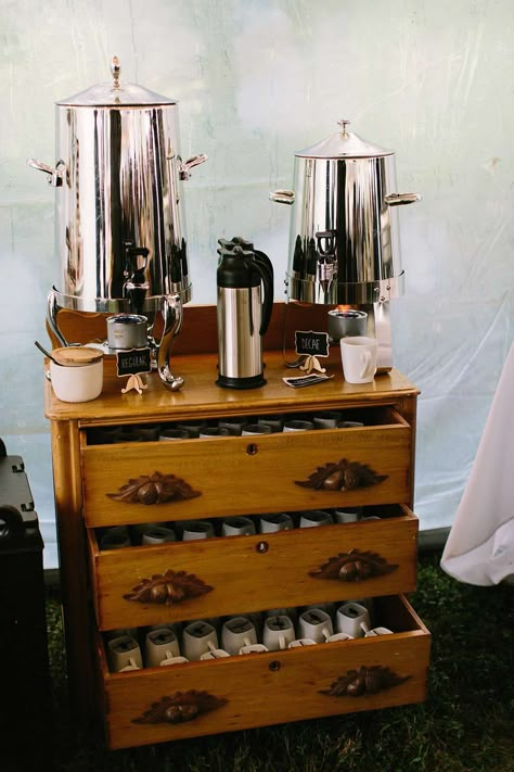 Elegant Coffee Bar Ideas Wedding, Fall Wedding Coffee Bar Ideas, Cold Brew Bar Wedding, Event Coffee Bar Ideas, Coffee At A Wedding, Engagement Bar Ideas, Outside Coffee Bar, Dresser Bar Wedding, Coffee Station Ideas Wedding