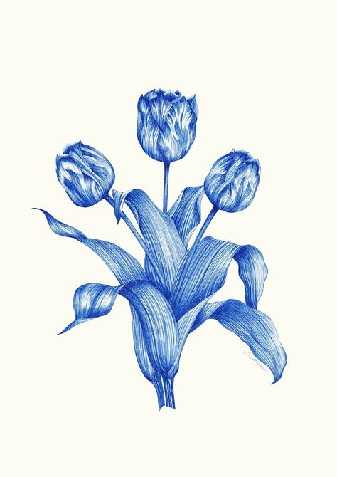 Easy Diy Wall Hanging, Flower Varieties, Pen Drawings, Navy Blue Print, Garden Wallpaper, Blue Tulips, Blue Garden, Blue Poster, Image Fun