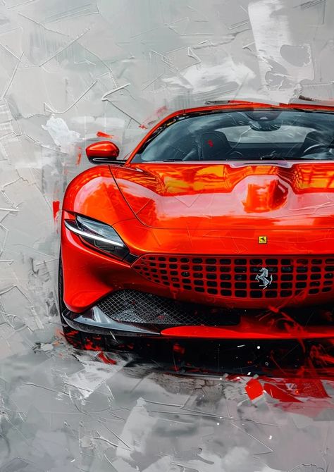 The image is a painting of a red Ferrari Roma. The car is facing the viewer and is slightly angled to the right --> more details in ai-img-gen.com <-- Ferrari Drawing, Ferrari Painting, Ferrari Roma, Red Ferrari, F1 Cars, Top Car, Red Painting, Car Office, As Roma