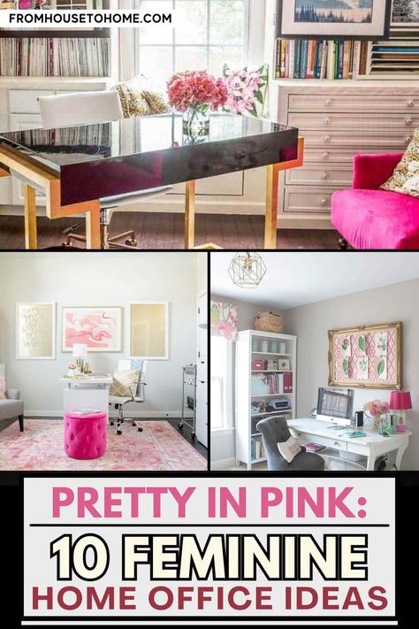 pretty in pink: 10 feminine home office ideas Glam Home Office Ideas, Beautiful Office Decor, Feminine Home Office Ideas, Pink Home Office, Feminine Home Office, Blue Home Offices, Feminine Home, Home Office Built Ins, Elegant Home Office