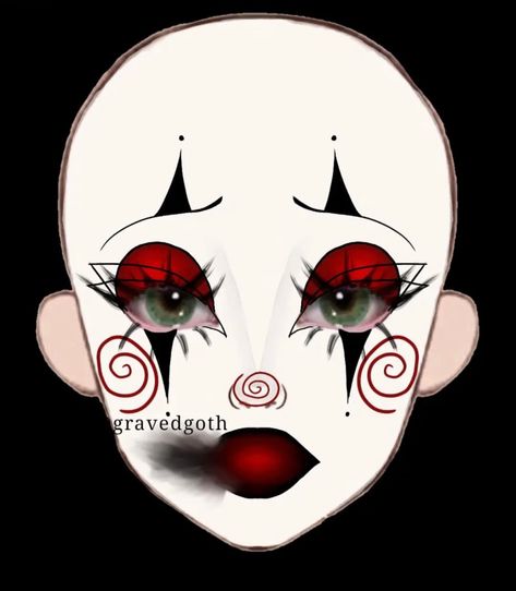 credit @gravedgoth if you use as inspo Cute Clown Makeup Red And Black, All Red Makeup Looks, Red Black And White Clown Makeup, Red And Black Jester Makeup, Black White And Red Clown Makeup, Makeup Looks Creative Cool, Red Black Clown Makeup, Black And Red Clown Outfit, Clown Makeup Template