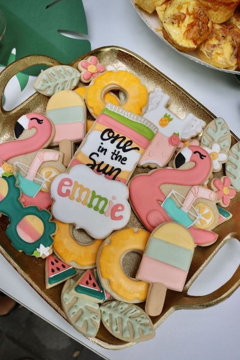 Summer First Bday Theme, 1 Year Summer Birthday Party, June First Birthday Girl, Summer 1st Birthday Theme, Beach Theme 1st Birthday Girl, Summer First Birthday Theme Girl, 1st Summer Birthday Party Ideas, First Birthday Theme Summer, One In The Sun Cookies