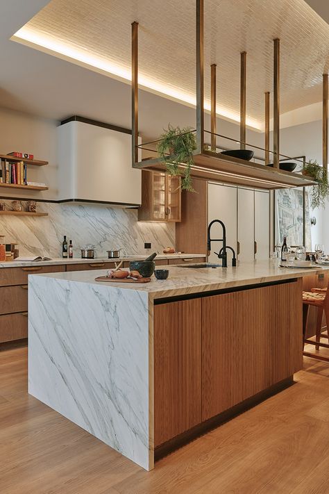 Waterfall Island With Outlet, Waterfall Island Kitchen Wood, Wooden Waterfall Island, Waterfall Kitchen Island, Quartz Island Waterfall, Kitchen Island Waterfall Edge Wood, Waterfall Island Kitchen, Waterfall Island, Kitchen Island Tops