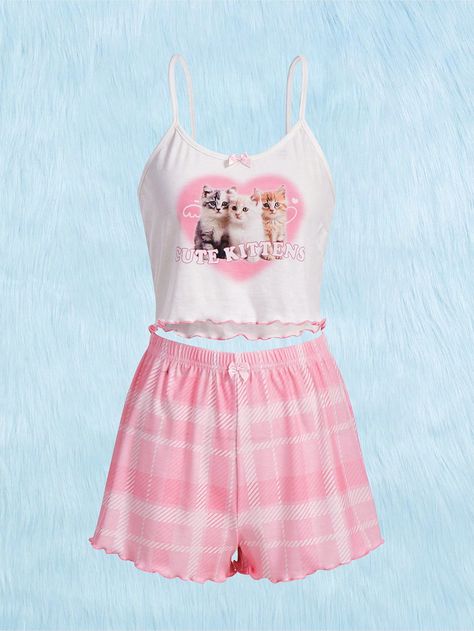 Multicolor  Collar Sleeveless  Cartoon,Plaid Short Sets Embellished Slight Stretch Summer Women Sleep & Lounge Pijama Shein, Shein Coquette, Kawaii Pajamas, Kawaii Cartoon, Pink Fits, Cute Pajamas, Fashion Wishlist, Cute Kittens, Loungewear Sets