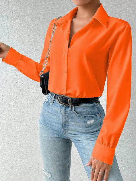 Orange Casual Collar Long Sleeve Polyester Plain Shirt Embellished Slight Stretch  Women Clothing Pink Button Up Shirt Outfit, Silk Shirt Outfit, Button Up Shirt Outfit, Pink Button Up Shirt, Outfit Night, Plain Shirt, Long Sleeve Jumpsuit, Plain Shirts, Silk Shirt