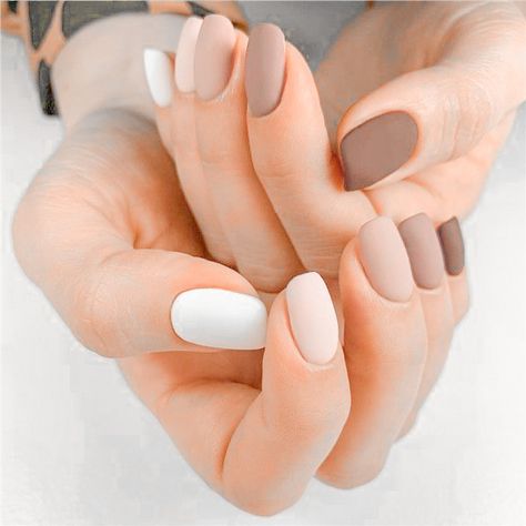 Simple Tan Nails, Matt Short Nails, Beige And White Nails, Matte Short Nails, Simple Matte Nails Short, White Matte Nails, Matte French Tip, Neutral Matte Nails, Nail Art Matte