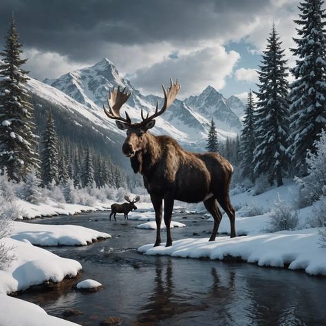 Winter scene with powerful moose - AI Generated Artwork - NightCafe Creator Hunting Scene Painting, Moose Painting, Country Nature, Winter Landscape Photography, Glass Block Crafts, Snow Board, Laser Projects, Animal Print Wallpaper, Window Ideas