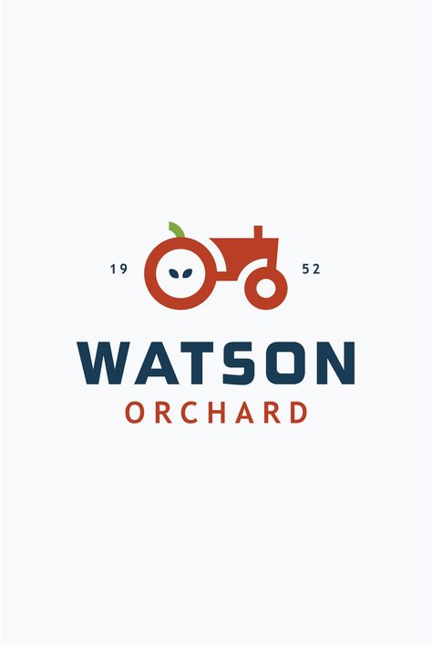 Apple and tractor logo for fruit orchard. Red and blue branding. Minimal logo inspiration. Farm, rural logo. Orchard Logo Design, Minimal Logo Inspiration, Orchard Logo, Fruit Logo Design Ideas, Farm Branding, Farm Logos, Food Company Logo, Minimal Logos Inspiration, Trust Logo